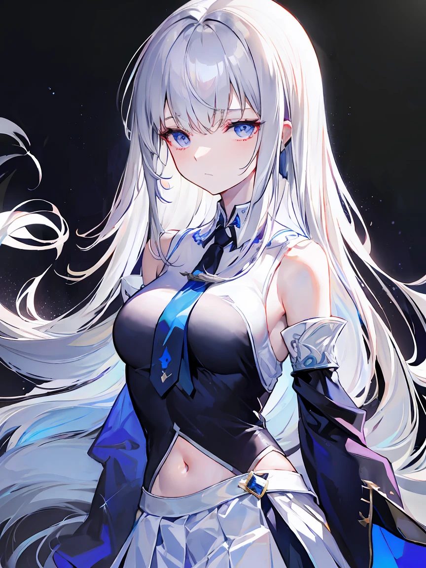 Light purple gradient hair,asymmetrical hair,((Thick hair 1.8,Clear head outline 1.6)), Shoulder-length hair, messy hair, Very long hair, shiny hair,(long gray hair:1.2),A beautiful girl,(White school uniform:2.0),( Black skirt,Navel,Bare shoulders,Blue tie)(Separate sleeves,Wide sleeves),(Fingerless gloves),(Transparent clothes transparent 1.8),Perfect body,,(Looks sad,Looks haggard ,Grief,shut your mouth:1.2) With dark forest background,,Upper body photo。(avatar)