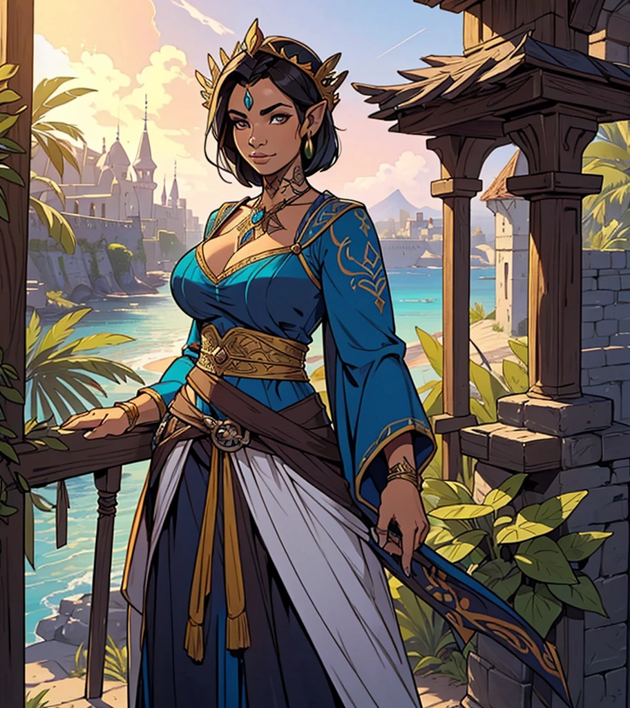 (((Solo character image.))) (((Generate a single character image.)))  (((Dressed in medieval fantasy attire.))) Generate an interesting and exotic female character for a fantasy setting.  Wearing fantasy attire appropriate for a tropical location.  Beautiful and stylish dark hair.  Excellent physique.  Intriguing.  Someone who has a great backstory.  Wearing very traditional fantasy attire for a medieval fantasy setting.   She is admired for her beauty and determination.    Cute tattoos.   (((Looks like a tropical sorceress.))) Tropical port town in background.  