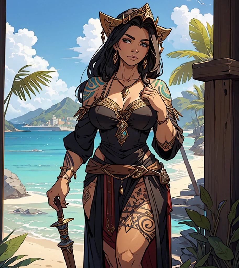 (((Solo character image.))) (((Generate a single character image.)))  (((Dressed in medieval fantasy attire.))) Generate an interesting and exotic female character for a fantasy setting.  Wearing fantasy attire appropriate for a tropical location.  Beautiful and stylish dark hair.  Excellent physique.  Intriguing.  Someone who has a great backstory.  Wearing very traditional fantasy attire for a medieval fantasy setting.   She is admired for her beauty and determination.    Cute tattoos.   (((Looks like a tropical sorceress.))) Tropical port town in background.  
