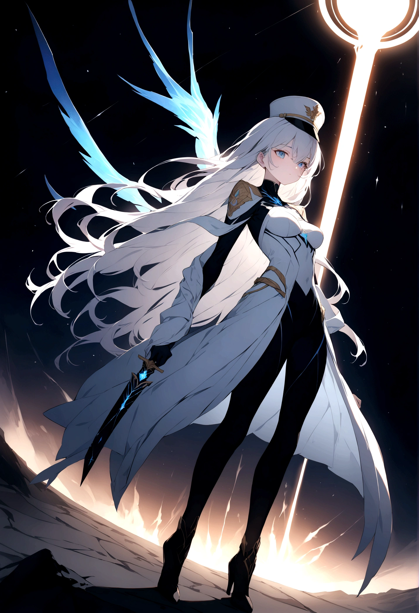 Picture a scene steeped in the depths of space science fiction warfare, where a female commander emerges as the embodiment of resilience and command. Her presence is striking, with white hair that cascades like a cosmic waterfall, tinged with a subtle shade of glowing blue, reminiscent of the distant nebulas. She stands boldly in the midst of an burned interstellar conflict to punish the wicked, her modern advanced space uniform pristine and decorated with the emblems of her esteemed position as a commander. The commander’s hat she wears is not just a piece of attire but a symbol of her earned authority. Clutched in her grasp is a mystical sword, its blade alight with an ethereal blue flame that whispers of ancient power and forgotten lore. As she raises the sword, it seems to resonate with the energy of the cosmos itself. Behind her, the theater of war is set against the breathtaking backdrop of a contact binary star system, its twin suns weaving a dance of light spark and gravity that illuminates the void. Their connection forges a radiant arc across the sky, a bridge between worlds and a beacon in the tumultuous dark. This image seeks to capture the commander’s indomitable spirit, the fierce beauty of her unique appearance, and the grandeur of the universe that serves as the stage for this epic saga