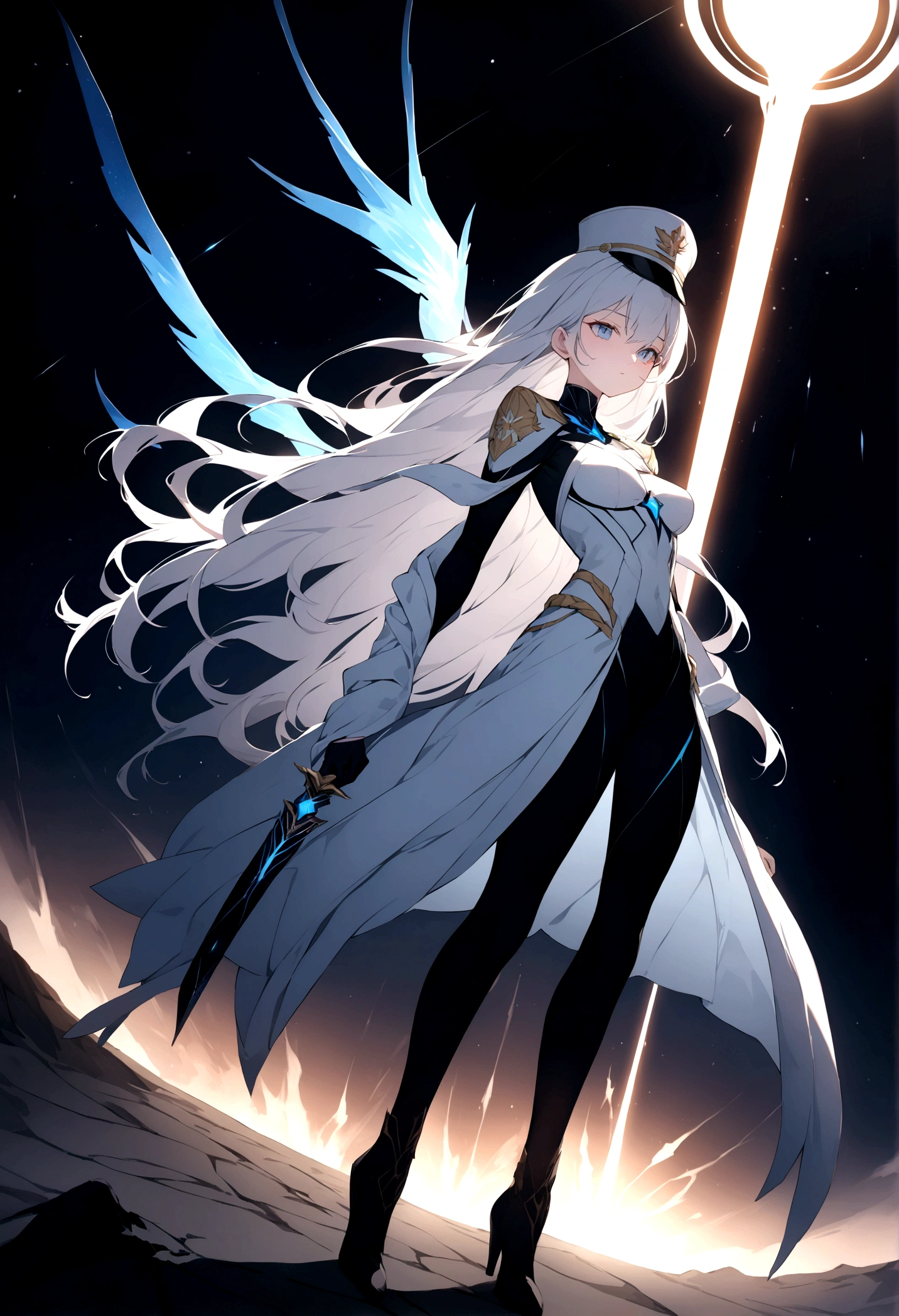 Picture a scene steeped in the depths of space science fiction warfare, where a female commander emerges as the embodiment of resilience and command. Her presence is striking, with white hair that cascades like a cosmic waterfall, tinged with a subtle shade of glowing blue, reminiscent of the distant nebulas. She stands boldly in the midst of an burned interstellar conflict to punish the wicked, her modern advanced space uniform pristine and decorated with the emblems of her esteemed position as a commander. The commander’s hat she wears is not just a piece of attire but a symbol of her earned authority. Clutched in her grasp is a mystical sword, its blade alight with an ethereal blue flame that whispers of ancient power and forgotten lore. As she raises the sword, it seems to resonate with the energy of the cosmos itself. Behind her, the theater of war is set against the breathtaking backdrop of a contact binary star system, its twin suns weaving a dance of light spark and gravity that illuminates the void. Their connection forges a radiant arc across the sky, a bridge between worlds and a beacon in the tumultuous dark. This image seeks to capture the commander’s indomitable spirit, the fierce beauty of her unique appearance, and the grandeur of the universe that serves as the stage for this epic saga