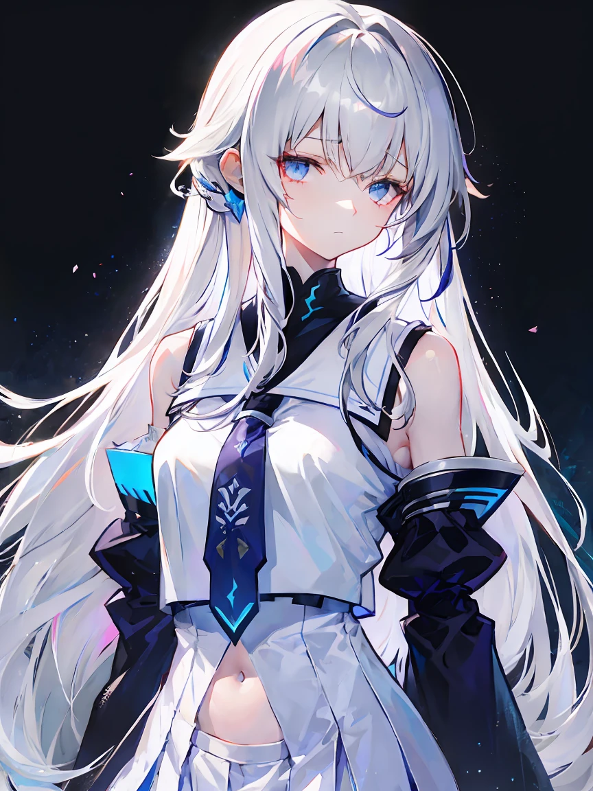 Light purple gradient hair,asymmetrical hair,((Thick hair 1.8,Clear head outline 1.6)), Shoulder-length hair, messy hair, Very long hair, shiny hair,(long gray hair:1.2),A beautiful girl,(White school uniform, Black skirt,Navel,Bare shoulders,Blue tie)(Separate sleeves,Wide sleeves),(Fingerless gloves),(Transparent clothes transparent 1.8),Perfect body,,(Looks sad,Looks haggard ,Grief,shut your mouth:1.2) With dark forest background,,Upper body photo。(avatar)