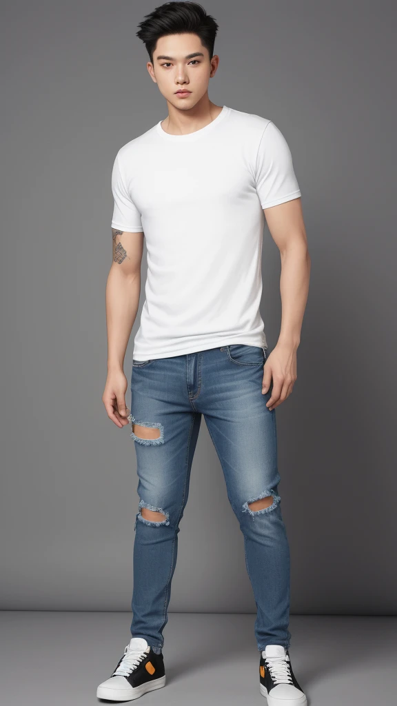 Man, t-shirt, jeans, full body, simple background, 