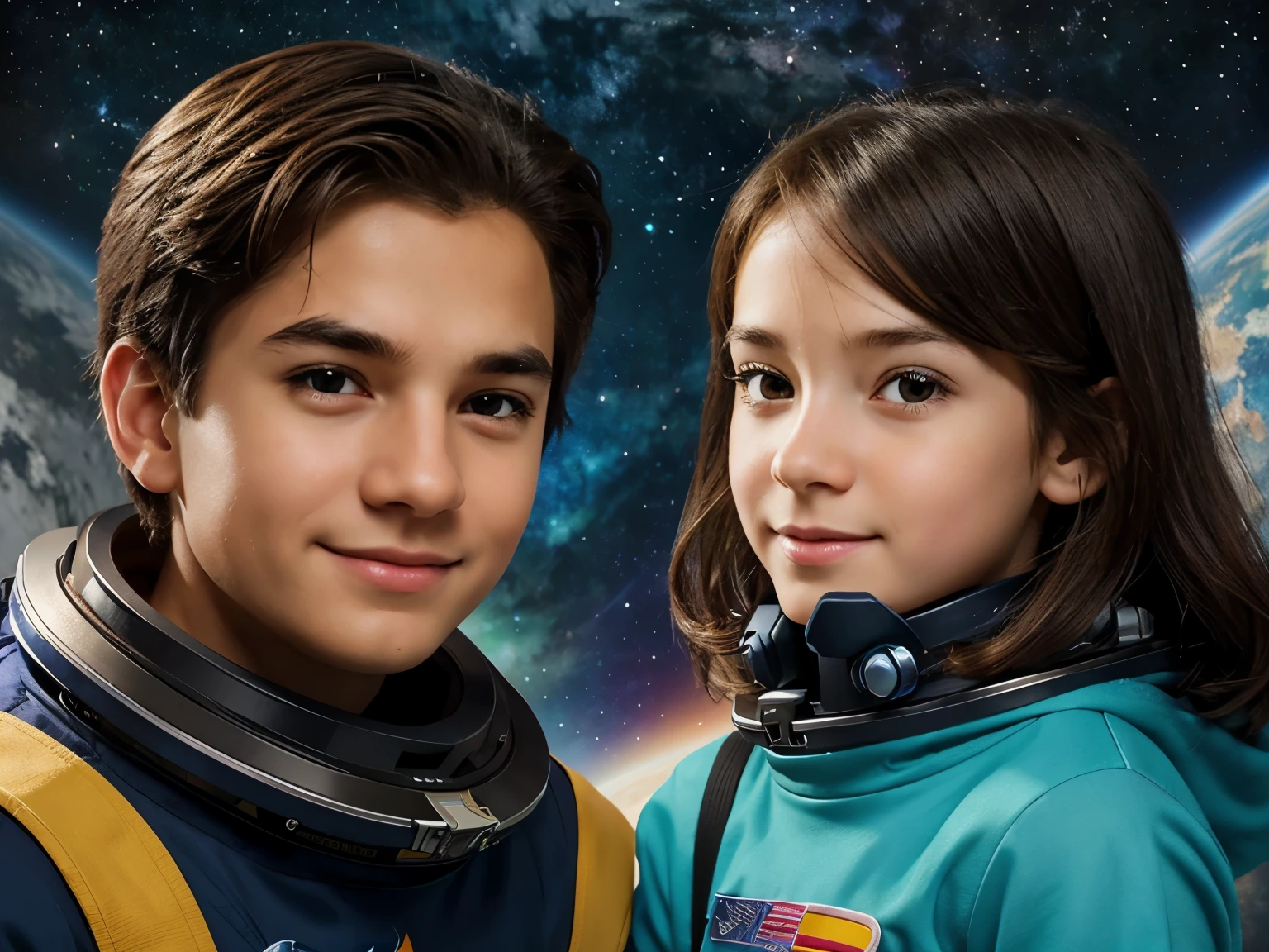 Cartoon illustration of a boy and a girl in space with cat, official fan art, in space, kitten in outer space, in outer space, in deep space, in galaxies, deep space exploration!!!, space travel, wearing in stars and planets, outer space, outer space, starry sky in space, in space, official art, space, on a spaceship, colorful, cute, more detailed, light, more realistic, cartoon