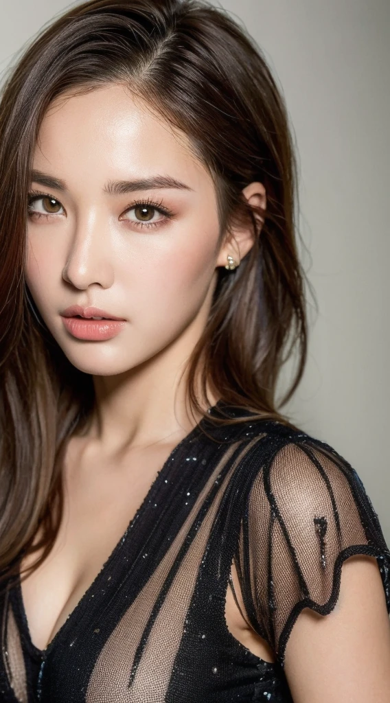 Beautiful and handsome woman, ((Highest quality, 8k, masterpiece:1.3)), Beautiful woman, 1 female, Huge breasts:1.3, Slim figure:1.1, Bouncy dark brown hair,Highly detailed face, Detailed lips, Fine grain, double eyelid