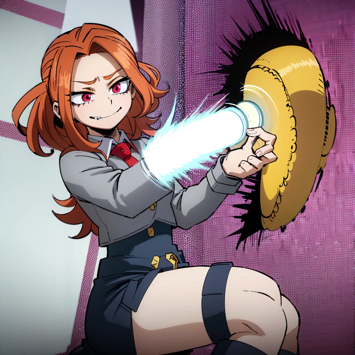 1girl, female focus, adagio dazzle, boku no hero academia, masterpiece, best quality, very aesthetic, absurdres, curly hair, orange hair, magenta eyes, smirk, gray jacket, red tie, white shirt, teal skirt, gray tights, boots 