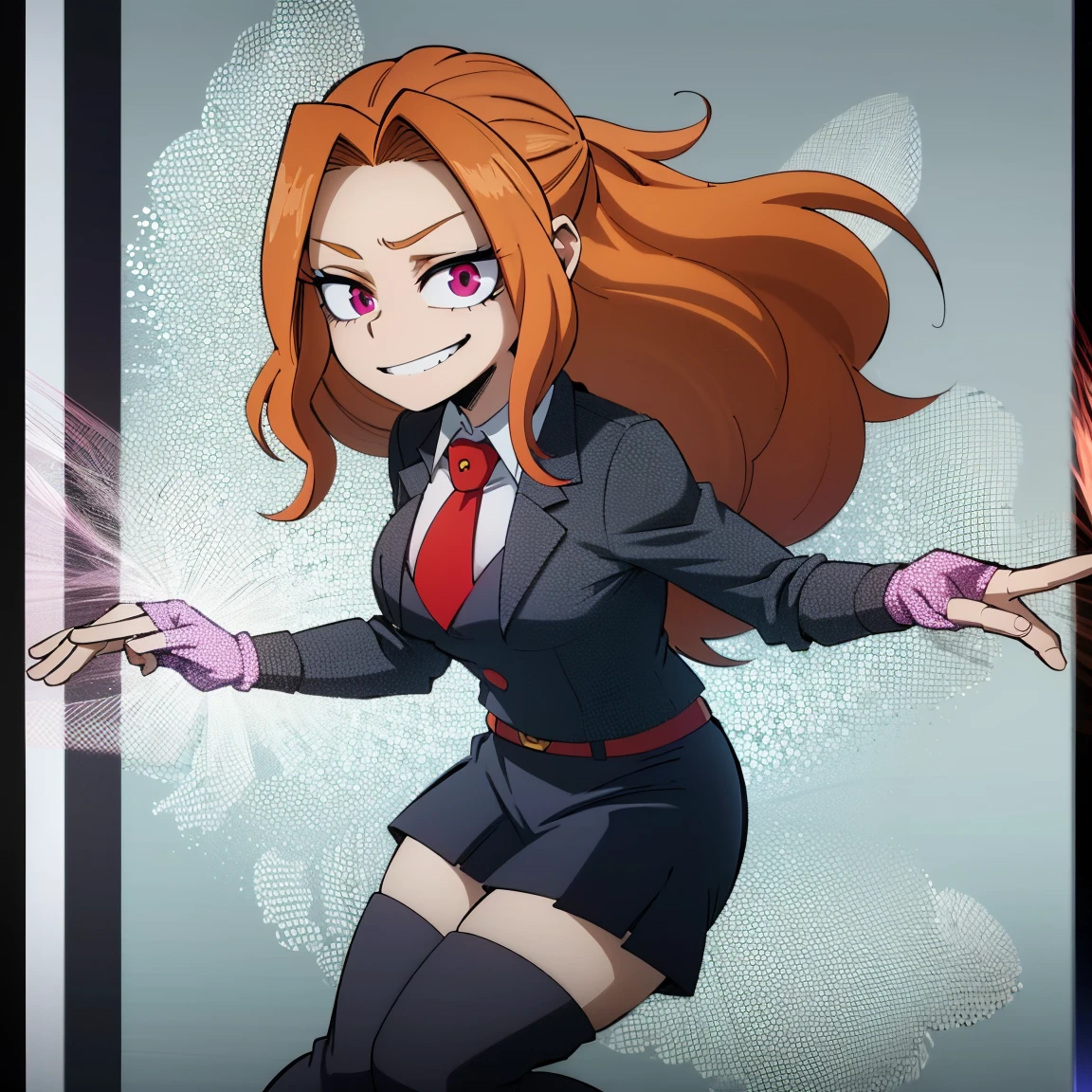 1girl, female focus, adagio dazzle, boku no hero academia, masterpiece, best quality, very aesthetic, absurdres, curly hair, orange hair, magenta eyes, smirk, gray jacket, red tie, white shirt, teal skirt, gray tights, boots 