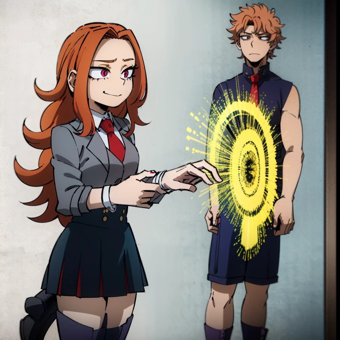 1girl, female focus, adagio dazzle, boku no hero academia, masterpiece, best quality, very aesthetic, absurdres, curly hair, orange hair, magenta eyes, smirk, gray jacket, red tie, white shirt, teal skirt, gray tights, boots 