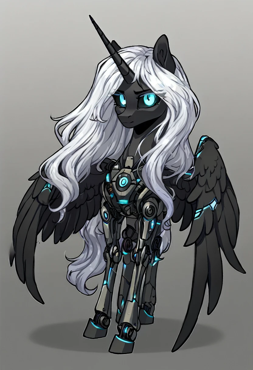 Alicorn , white mane,light blue cybernetic eyes, cybernetic body,black sclera ,black body color long flowing mane ,pony ,