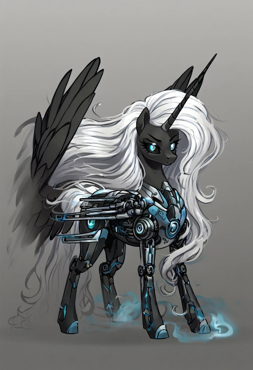Alicorn , white mane,light blue cybernetic eyes, cybernetic body,black sclera ,black body color long flowing mane ,pony ,
