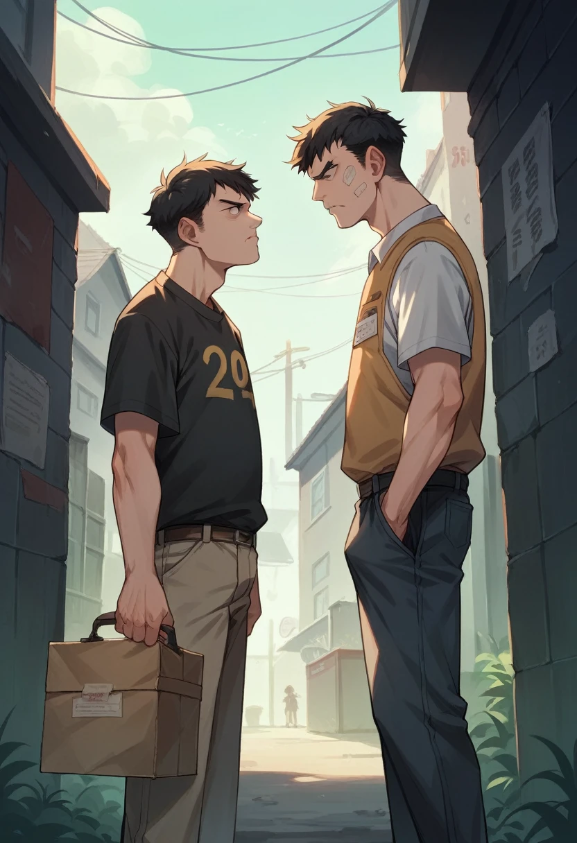 a 30 year old man in a gray t-shirt, tall, stocky body, intimidating eyes, black hair, like a Mavia and a 20 year old young man wearing a courier vest, looking at each other with emotion. alley background at night