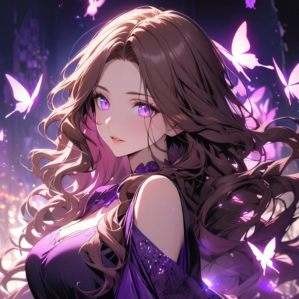 girl, brown hair, wavy hair, long hair, glowing purple eyes, mature woman, gorgeous, beautiful background, super detail, beautiful color, glowing butterfly, angel, main face, front face
