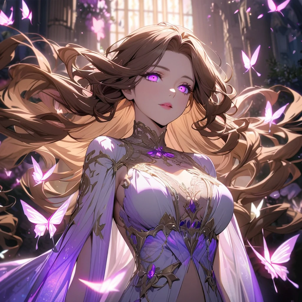 girl, brown hair, wavy hair, long hair, glowing purple eyes, mature, gorgeous, beautiful background, super detail, beautiful color, glowing butterfly, angel, main face