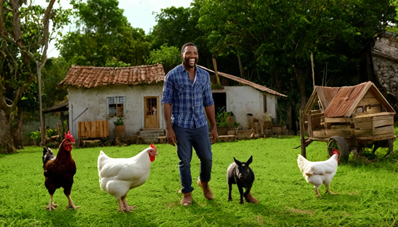 create an image for a video cover, like an advertisement for a film in the cinema, rural house, black man in front, backyard with dog, chickens, pigs, donkey, highlight the title Hilary Adventures of Zeca do Boi: Guaranteed Laughs in the Country