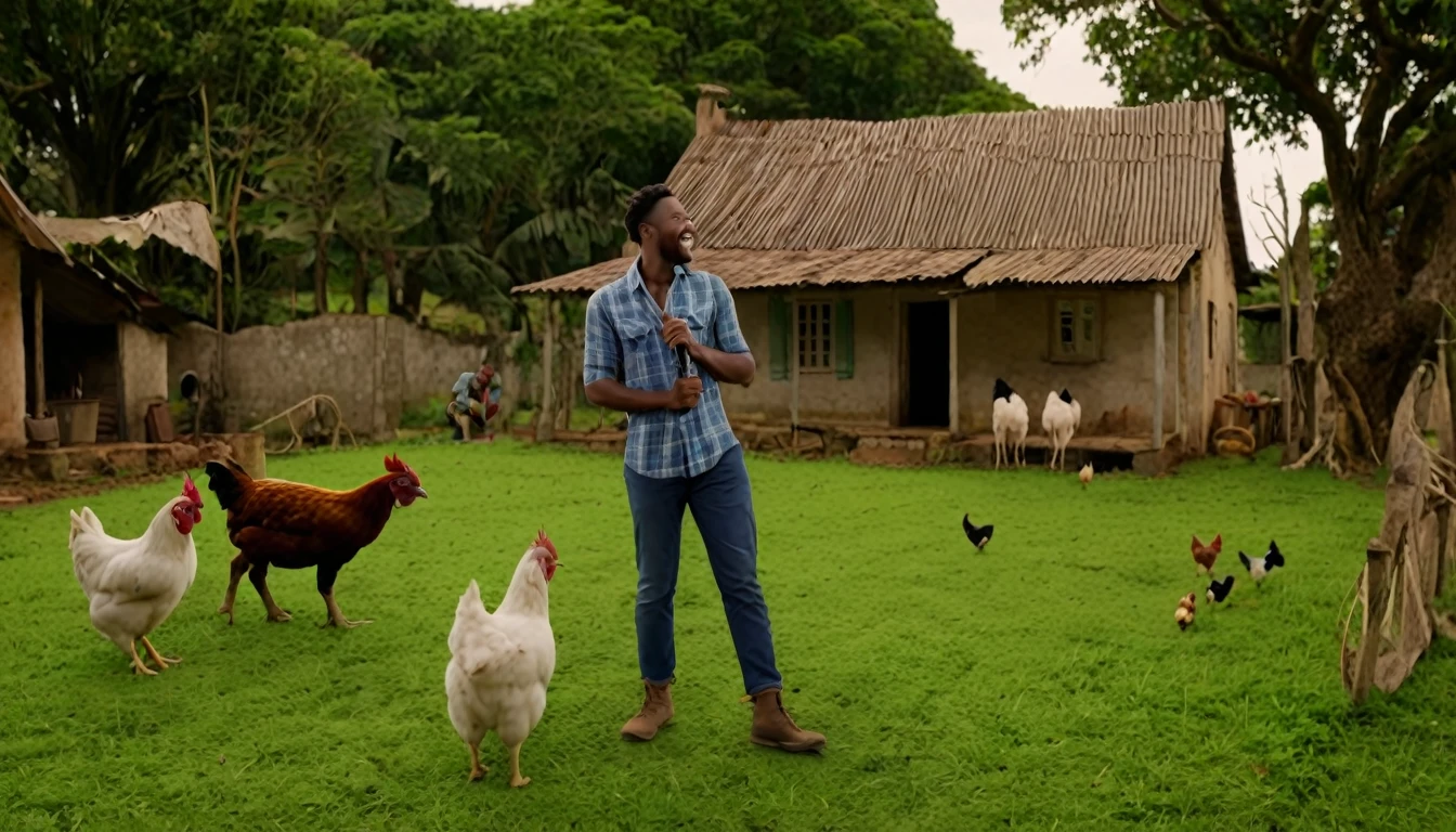 create an image for a video cover, like an advertisement for a film in the cinema, rural house, black man in front, backyard with dog, chickens, pigs, donkey, highlight the title Hilary Adventures of Zeca do Boi: Guaranteed Laughs in the Country