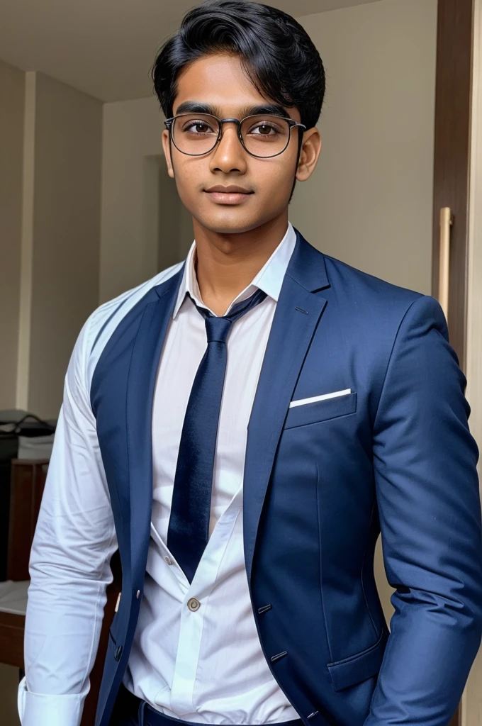 21 year old Indian boy with fair skin wearing spectacles and narrow body posing for a Linkedin picture in formals