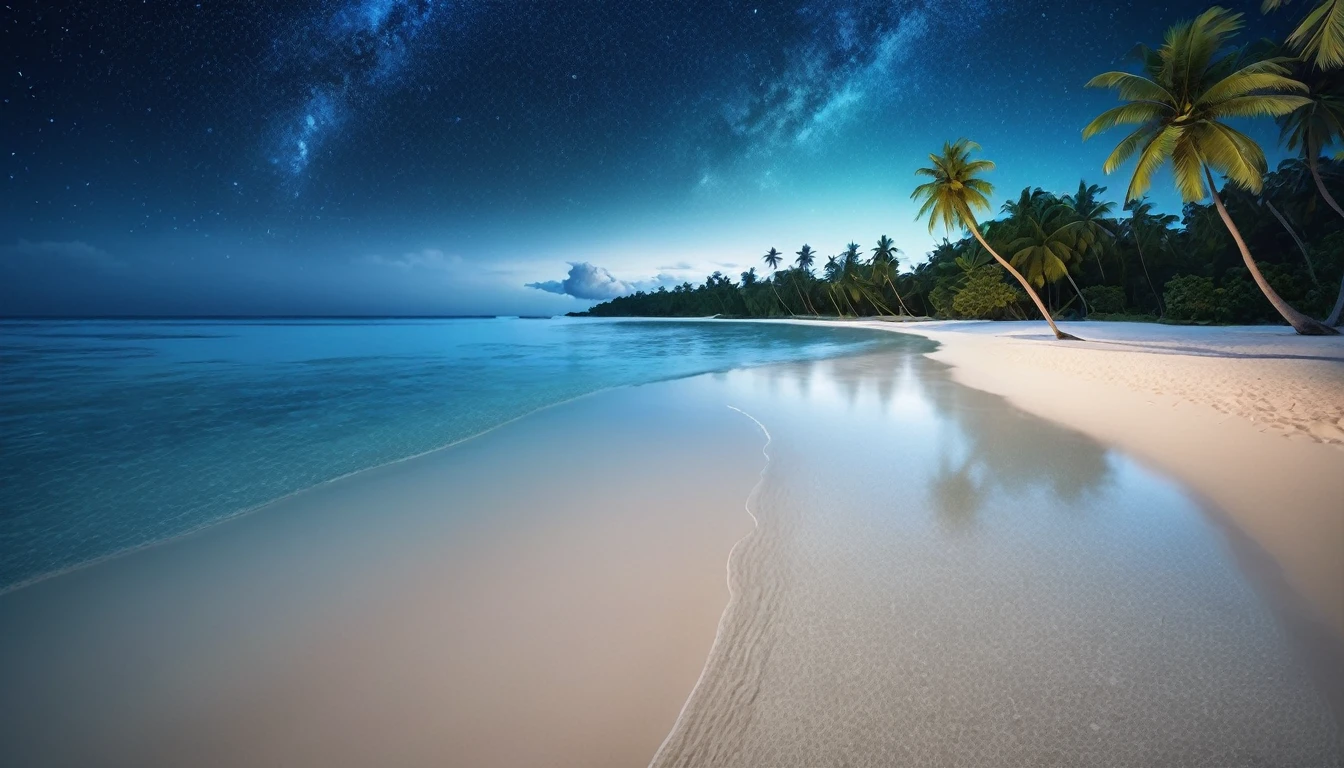 A beach with clear, bright blue water, soft white sand, beautiful coconut trees, and a clear night sky filled with stars. Ultra realistic, ultra clear, ultra natural, ultra hd, ultra detailed.
