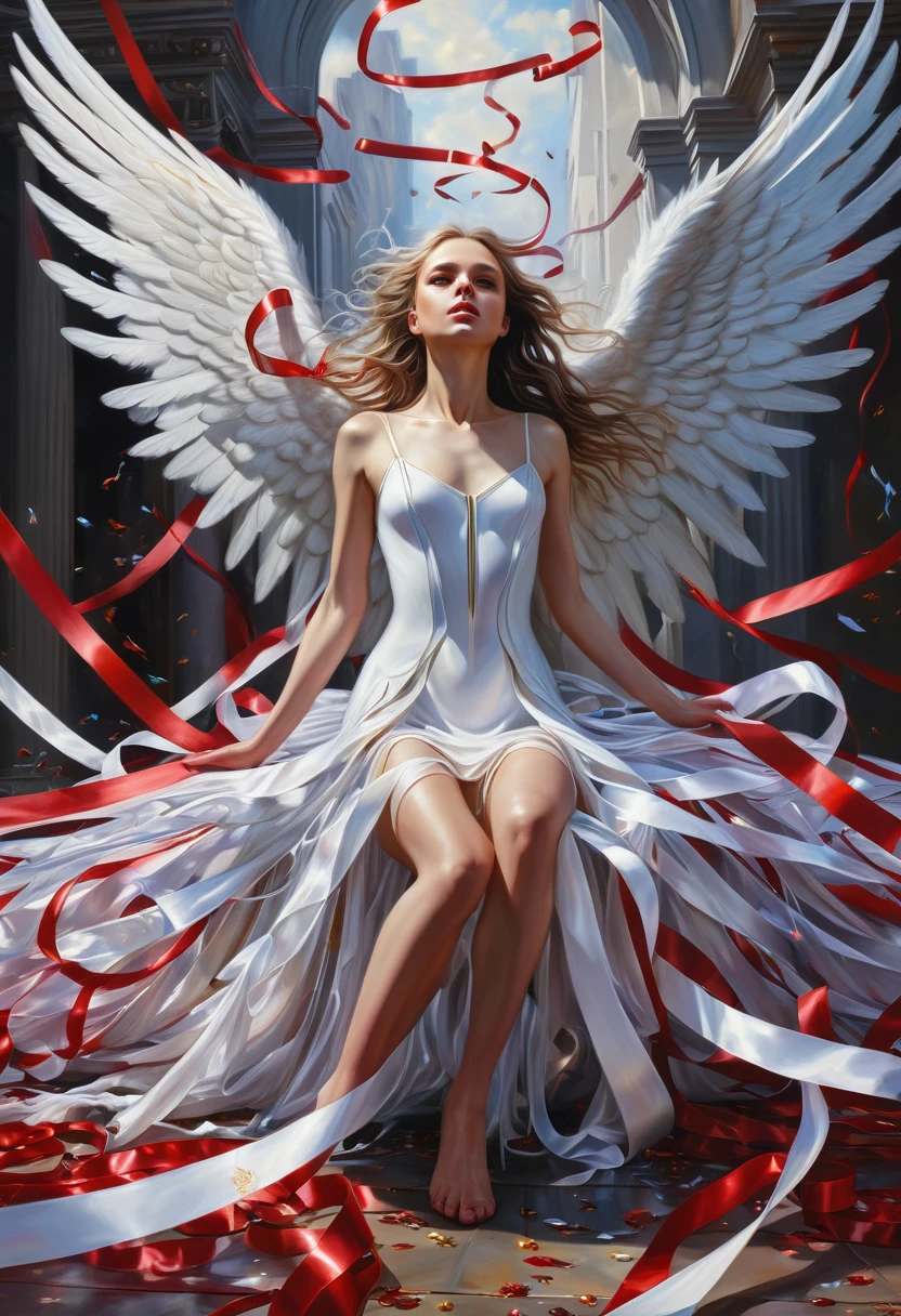 Danligur,Eva, emerging, fallen alien angel, wings, High fantasy, fallen angel, surrounded by falling ribbons; trending on ArtStation; detailed oil painting; low angle; ultra realistic, oil painting; high definition photography