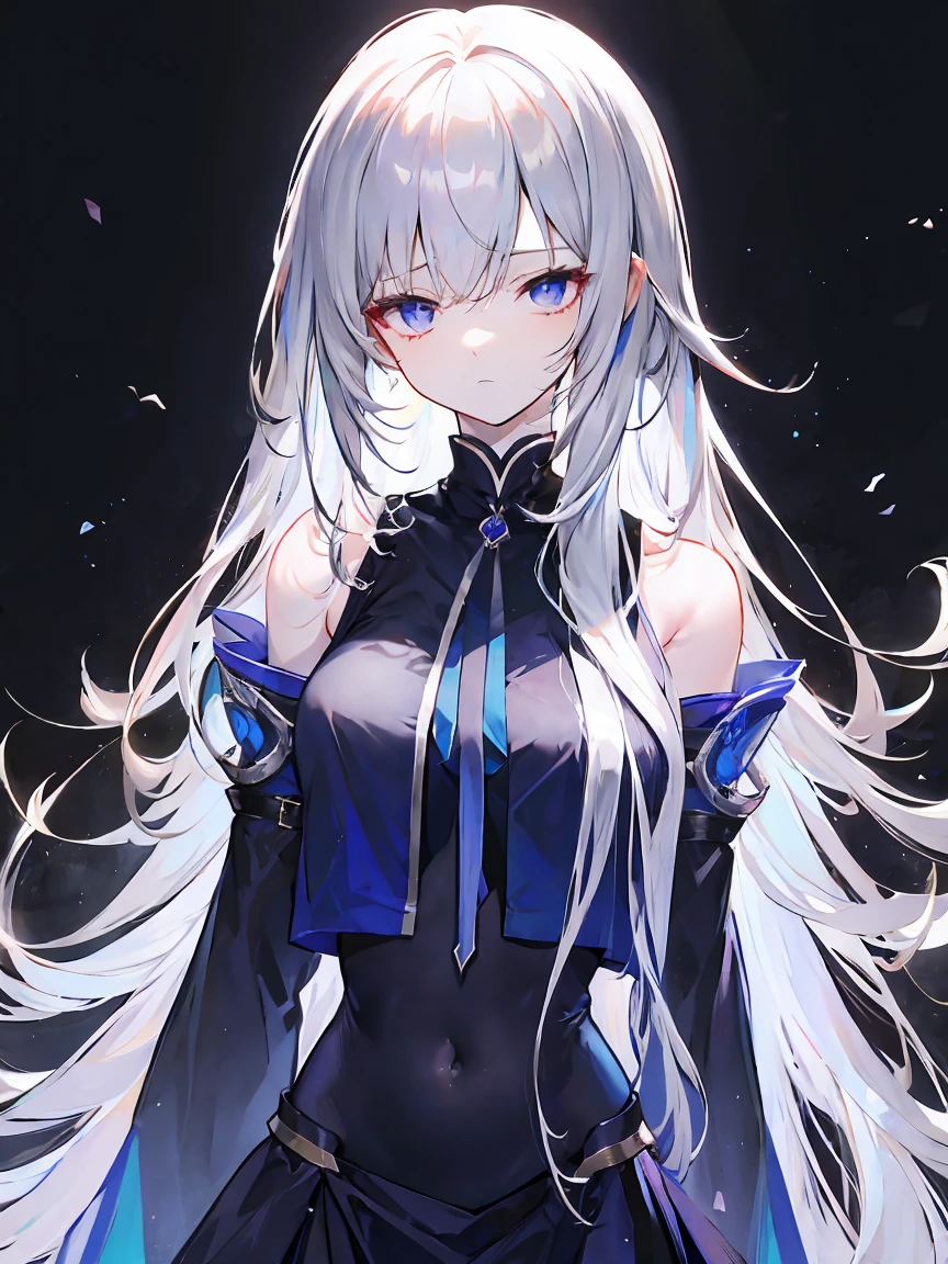 Light purple gradient hair,asymmetrical hair,((Thick hair 1.8,Clear head outline 1.6)), Shoulder-length hair, messy hair, Very long hair, shiny hair,(long gray hair:1.2),A beautiful girl,(White school uniform, Black skirt,Navel,Bare shoulders,Blue tie)(Separate sleeves,Wide sleeves),(Fingerless gloves),(Transparent clothes transparent 1.8),Perfect body,,(Looks sad,Looks haggard ,Grief,shut your mouth:1.2) With dark forest background,,Upper body photo。(avatar)