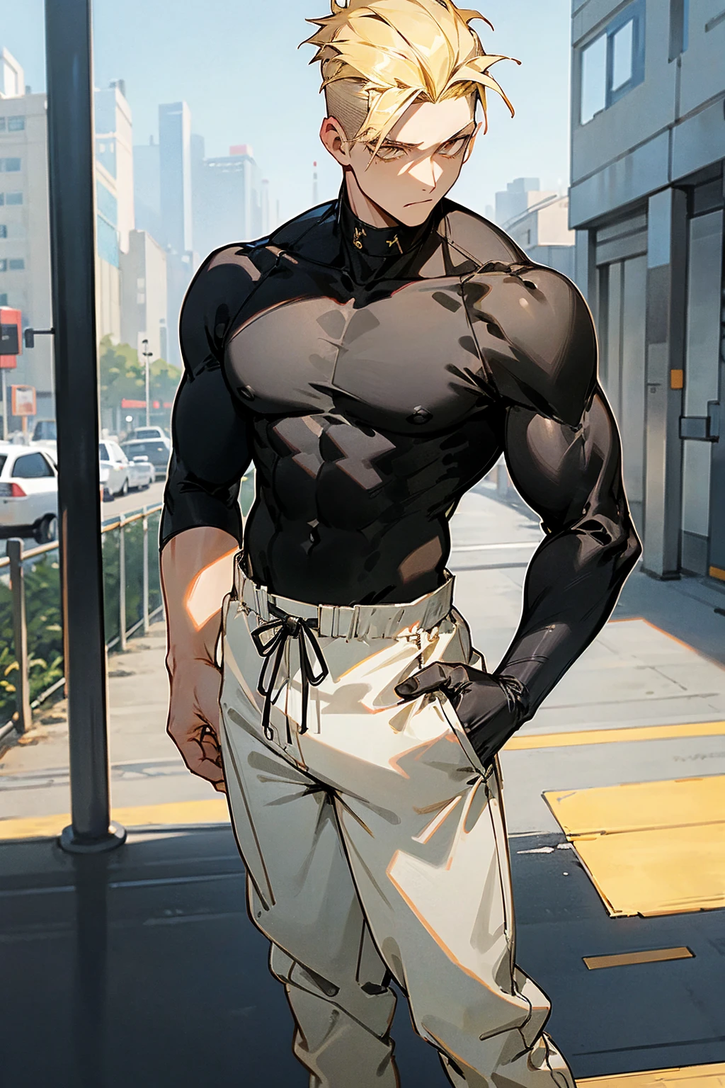 1male, blonde hair, black headband, expressionless, undercut hair, golden eyes, black tanktop, baggy white camouflage pants, city background, detailed background, hands to side, standing on path