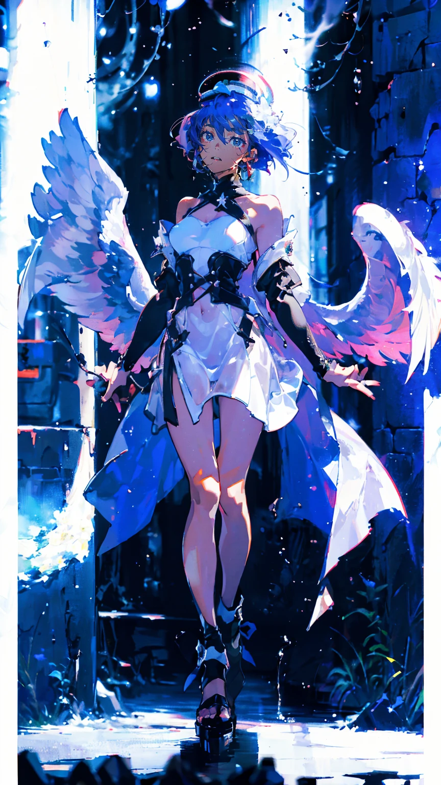 fantasy, 1angel_girl, teen, brown_hair, ponytail_hair, (dark_skin)+, bare_shoulder, navel, thigh,silver_shiny_armor, white_clothes,waist_armor, glebe, hold_swords, big_, angry, dynamic_fighting_pose, floating, (1pair_white_wings), sunrise_city_background,(pelvic_curtain)++, open_mouth, headgear, large_ass