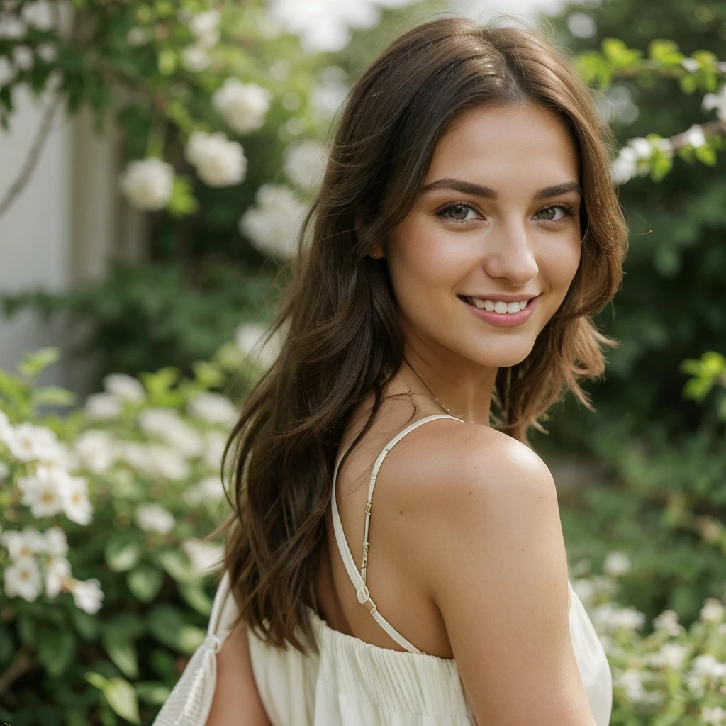 A beautiful and lively 25-year-old brunette woman looking straight ahead, with green eyes. The focus is on her face only. She has a charming smile, and her long hair is styled sleekly. She is wearing a modern and elegant outfit that enhances her beauty. The background of the image is simple to emphasize her presence.",
"style": "realistic",
"lighting": "natural",
"emotions": "joy, confidence",
"additional details": "Slightly tan skin, light makeup, minimalist accessories."