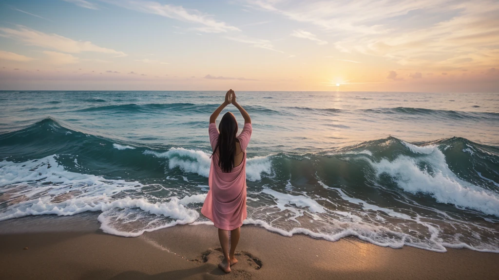 A serene and inspiring cover that captures the essence of faith and tranquility. The background features a calm ocean at sunset, with warm hues of orange, pink, and purple blending harmoniously. In the foreground, a silhouette of a person standing on the shore, arms raised towards the sky in a gesture of worship and surrender. Soft light rays emanate from above, adding a divine touch. The text "Kemuel - Oceanos (Trix & Flix Feat. Shaggy - Like a Superstar Remix)" is elegantly placed at the top, using a gentle, flowing font to convey a sense of peace and reverence. The overall design should evoke a feeling of spiritual connection and uplifting energy.