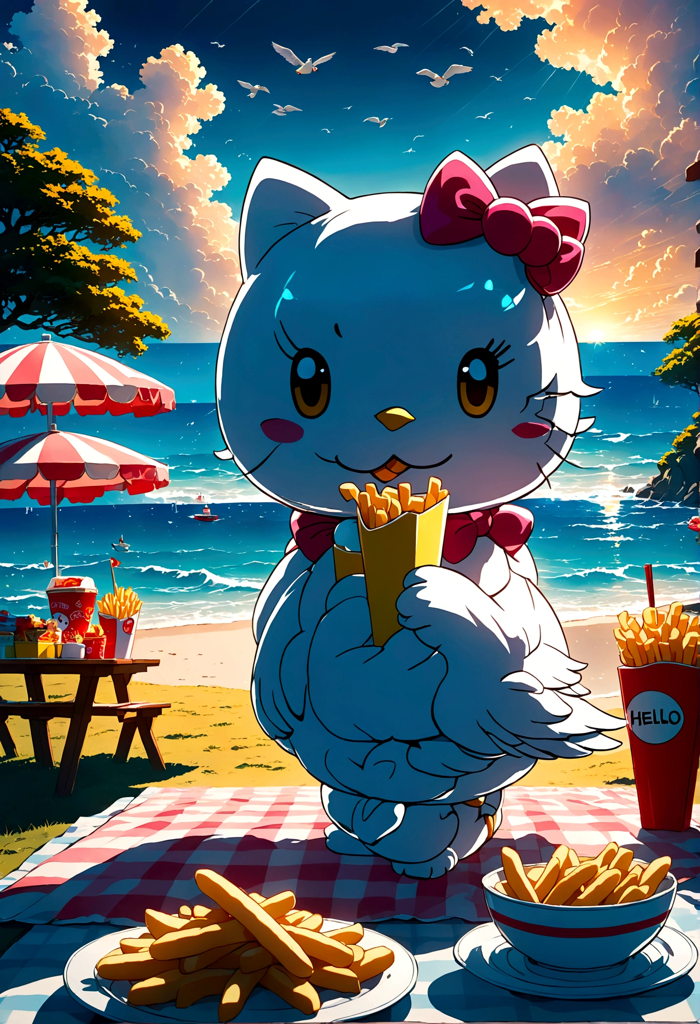 cartoon style, cute Hello Kitty eat Fries lunch, Seagull stand next, picnic, by the sea, anime screenshot, source_anime, dramatic composition, cinematic dynamic action scene, vibrant colors, cinematic lighting, dramatic lighting, best quality, masterpiece, very aesthetic, perfect composition, intricate details, ultra-detailed