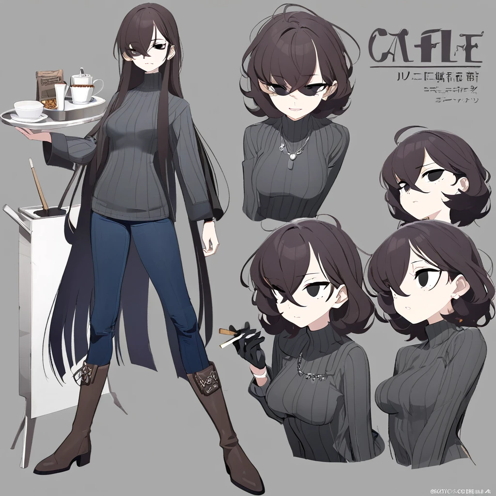 One Woman,Downer,older sister,Concept Art,Dark brown hair,Straight hair with slight inward curls,Staring eyes,Eye Ridge,black eye,Crossed bangs,whole body,smile,Slightly larger breasts,Gray background,Bangs that reach down to the eyes,Messy hair,Tight dark jeans,Gray turtleneck sweater,Multiple views of the same character,Character Design,Dark circles under the eyes,Bad look,Listless,Sloppy,Silver Jewelry,Cafe staff,Holding a cigarette,whole bodyCharacter Design,Detailed hands,Height: 170cm,boots,