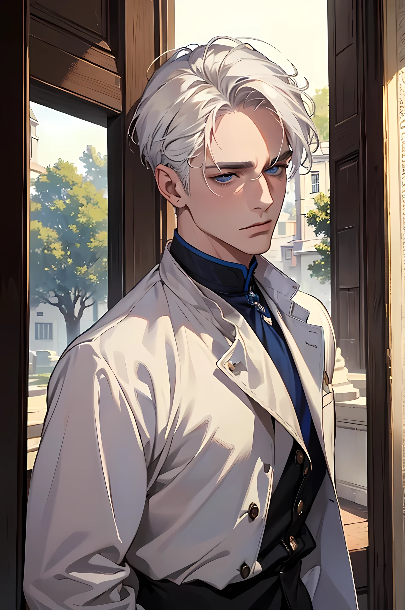 ((masterpiece:1.2, Best quality)), 4k, adult, European face, 1 person, male, mature, masculine, Beautiful, very tall, Muscles, broad shoulders, dark casual wear, White skin, medium white hair, Blue eyes, portrait, sunset, old house with apple trees.