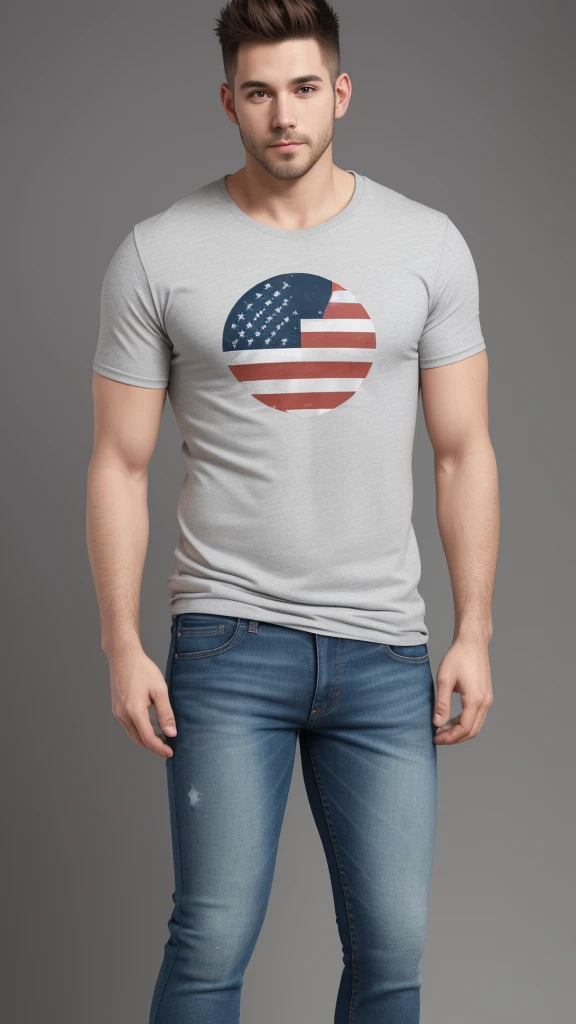 American Man, t-shirt, jeans, full body, simple background, 