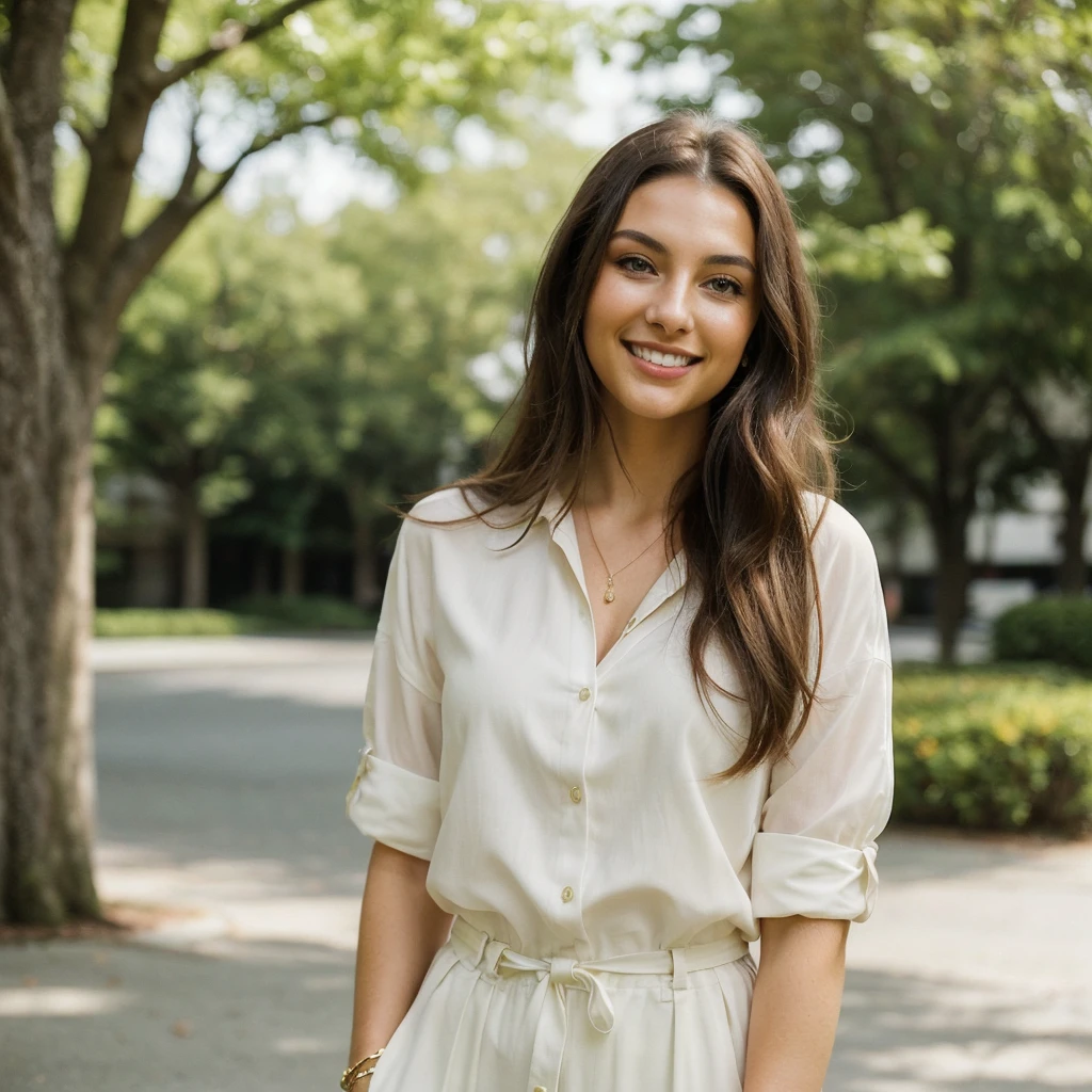 A beautiful and lively 25-year-old brunette woman looking straight ahead, with green eyes. The focus is on her face only. She has a charming smile, and her long hair is styled sleekly. She is wearing a modern and elegant outfit that enhances her beauty. The background of the image is simple to emphasize her presence.",
"style": "realistic",
"lighting": "natural",
"emotions": "joy, confidence",
"additional details": "Slightly tan skin, light makeup, minimalist accessories."