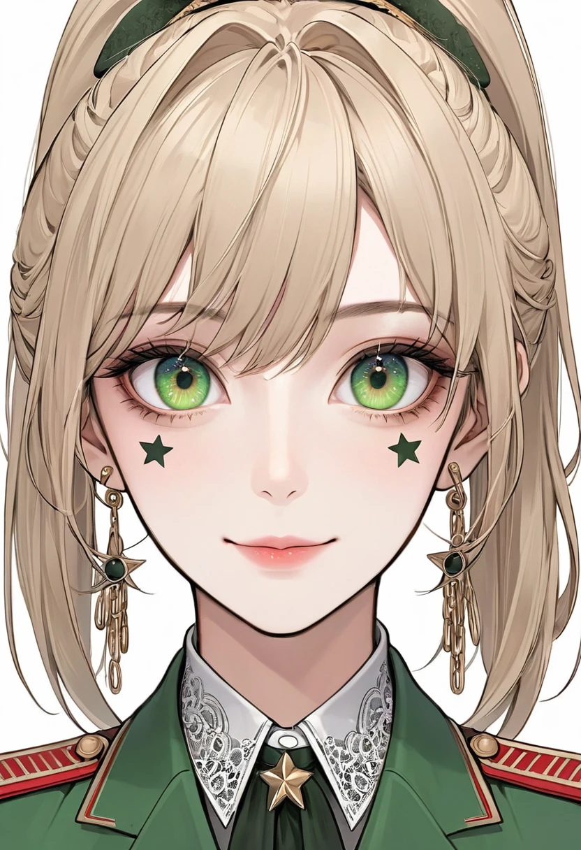 (Digital Illustration,Detailed anime style girl portrait,Solitary,symmetry),(Big colorful eyes,Fashionable and exquisite facial features,Exquisite makeup,Sweet smile,Star symbol mark on cheek,Soulful gaze,),(High Ponytail),(White high collar lace shirt,Green suit,Epaulettes-Chain,cool,),Clean and simple white background,(((Correct human anatomy)))