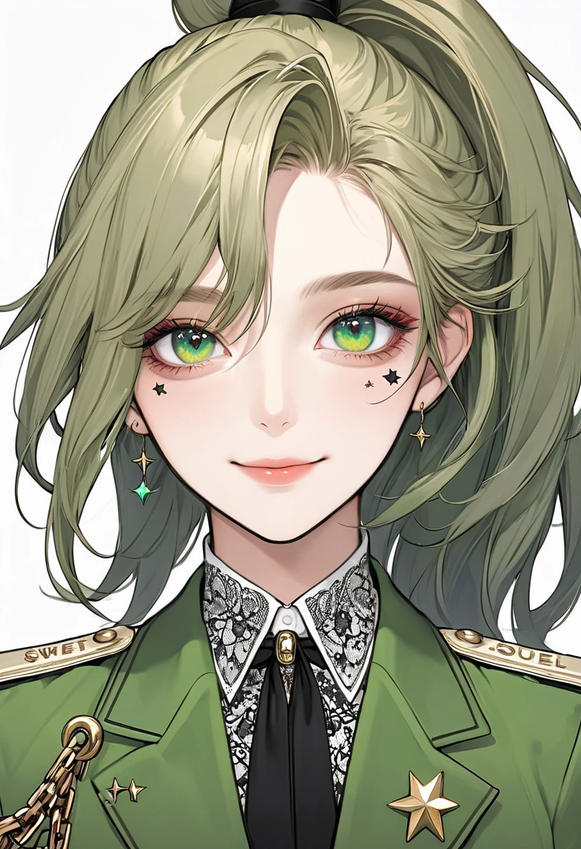 (Digital Illustration,Detailed anime style girl portrait,Solitary,symmetry),(Big colorful eyes,Fashionable and exquisite facial features,Exquisite makeup,Sweet smile,Star symbol mark on cheek,Soulful gaze,),(High Ponytail),(White high collar lace shirt,Green suit,Epaulettes-Chain,cool,),Clean and simple white background,(((Correct human anatomy)))