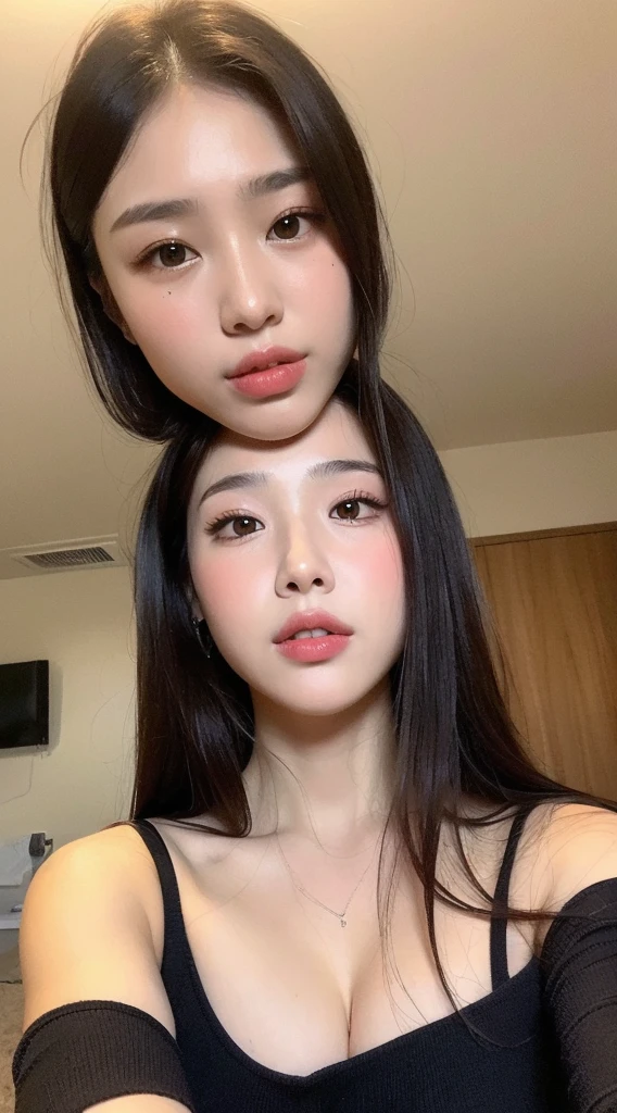 A young 19-year-old woman named Lila Nakamura with a mixed Japanese and Northern European heritage. She has thick dark black eyeliner, glossy lips, and a cute, endearing expression. She has straight, black hair with blonde highlights or a blonde tint that falls just past her shoulders, styled in a neat and polished manner. Her eyes are almond-shaped with a light, striking blue color, accentuated by subtle eyeshadow and mascara. Her skin has a light tone with a natural, fresh look, and she has a few delicate freckles across her nose. Nude, in the bathroom