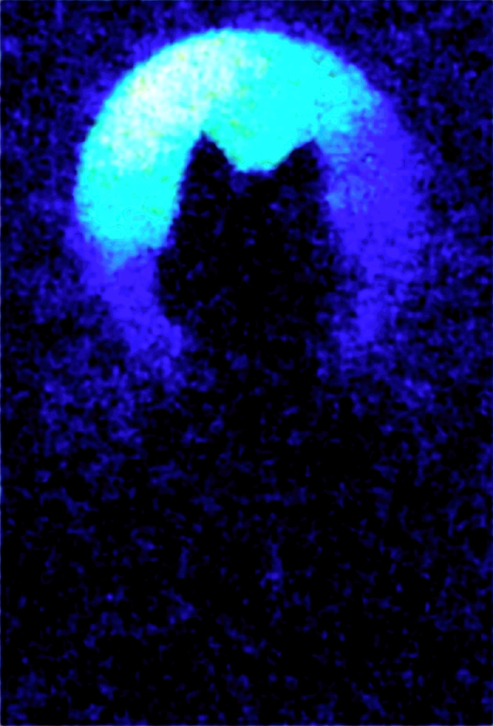 Furry Cat is an imposing anthropomorphic black cat with glowing deep blue eyes that appear to contain twinkling stars. Its fur is soft and glossy, with a shine in the moonlight. He has long, pointed ears, and his claws are sharp and silver, and wears a purple cloak decorated with ancient runes that glow softly. Around his neck, he wears a necklace with a crescent-shaped pendant, looking at the moon over a calm landscape being illuminated by the moon, holding a scepter, digital art