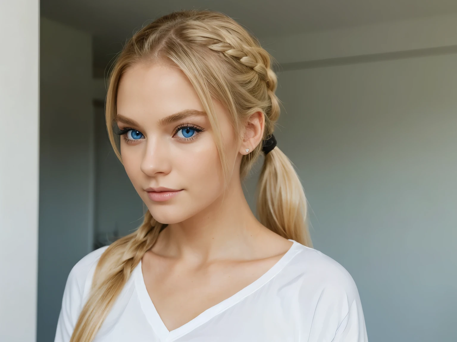 Long ponytail, blue eyes, blonde