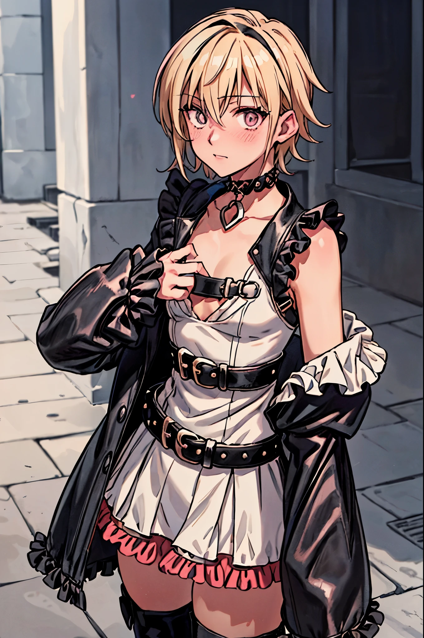 best quality,ultra-detailed,((background:outside street1,8)),(beautiful details outside the street),(cowboy shot),((one boy1,8)),((fem boy1,8)),((trap)),((bulge1,8)),black-choker,((blonde short hair)),((man’s face1,8)),((dress up as a woman)),((blush)),((flustred)),((poor chest)),((flat chest)),(goth-punk-style),(beautiful details black-dresany frills with dress),(black long boots with many belts),vibrant colors,soft lighting,