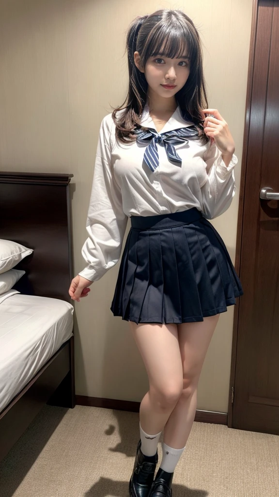 masterpiece, best quality, illustration, Super detailed, fine details, High resolution, 8K,wall paper, perfect dynamic composition,(Details High quality, realistic depiction of eyes:1.3), short hair, Black Sailor Uniform, serafuku, Navy pleated skirt, huge breasts, black hair color, Big Natural Color Lip, bold sexy pose, crying a little、 Harajuku style、20 year old girl、cute type、lolita、beautiful legs, hotel room, full body photo、focus on crotch, hposing Gravure Idol