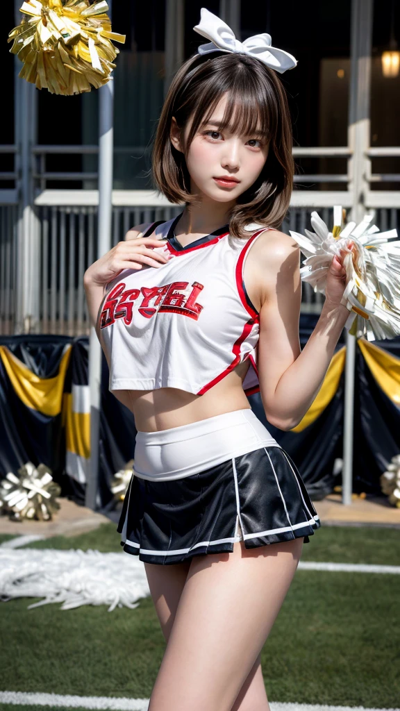 masterpiece, best quality, illustration, Super detailed, fine details, High resolution, 8K,wall paper, perfect dynamic composition,(Details High quality, realistic depiction of eyes:1.3), hotel room, (cheer girl:1.5),(a miniskirt), to stand、large breasts,short bob hair, black hair color, Big Natural Color Lip, bold sexy pose, crying a little、Harajuku style、20 year old girl、cute type、ta、beautiful legs, hposing Gravure Idol