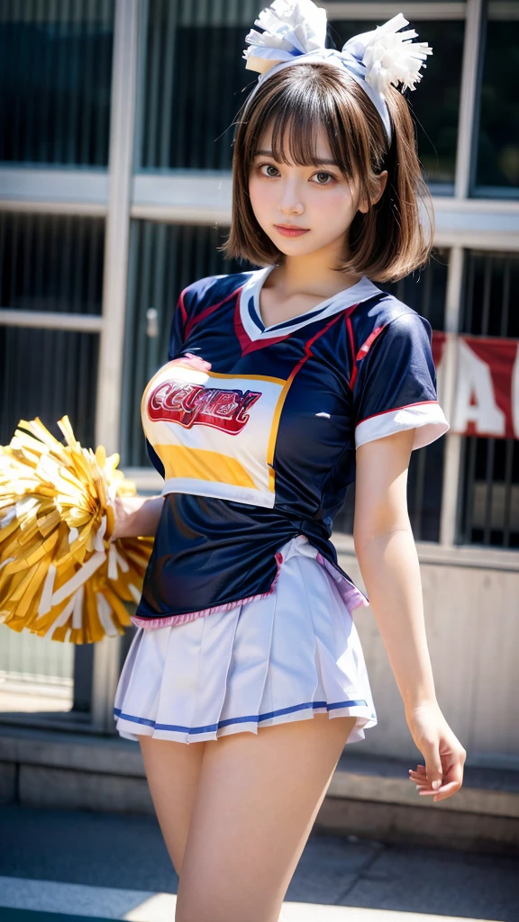 masterpiece, best quality, illustration, Super detailed, fine details, High resolution, 8K,wall paper, perfect dynamic composition,(Details High quality, realistic depiction of eyes:1.3), hotel room, (cheer girl:1.5),(a miniskirt), to stand、large breasts,short bob hair, black hair color, Big Natural Color Lip, bold sexy pose, crying a little、Harajuku style、20 year old girl、cute type、ta、beautiful legs, hposing Gravure Idol