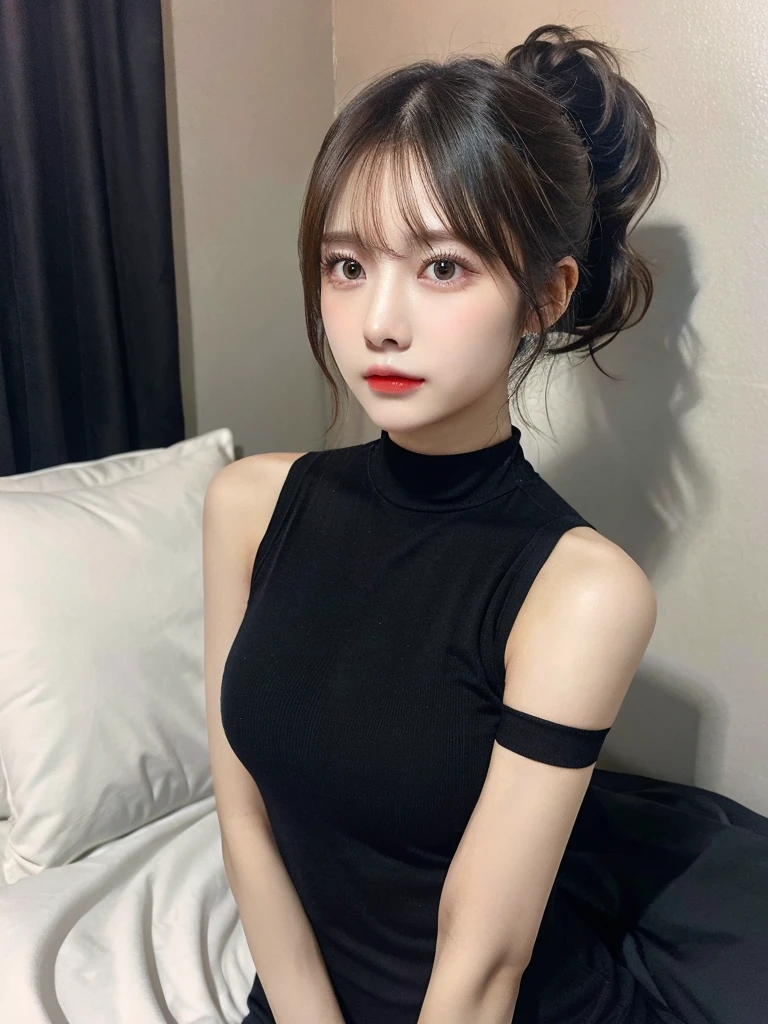 Tight clothing、(Highest quality,masterpiece:1.3,Ultra-high resolution,),(Ultra-detailed,Caustics),(Photorealistic:1.4,RAW shooting,)Ultra-Realistic Capture,Very detailed,High resolution 16K for human skin、 The skin texture is natural、、The skin looks healthy、The color is also uniform.,One Woman,Japanese,,cute,,(Depth of written boundary、chromatic aberration、)、、(on the bed in a dark room、Late at night)、(Ponytail hairstyle)、(((The areola is slightly visible)))