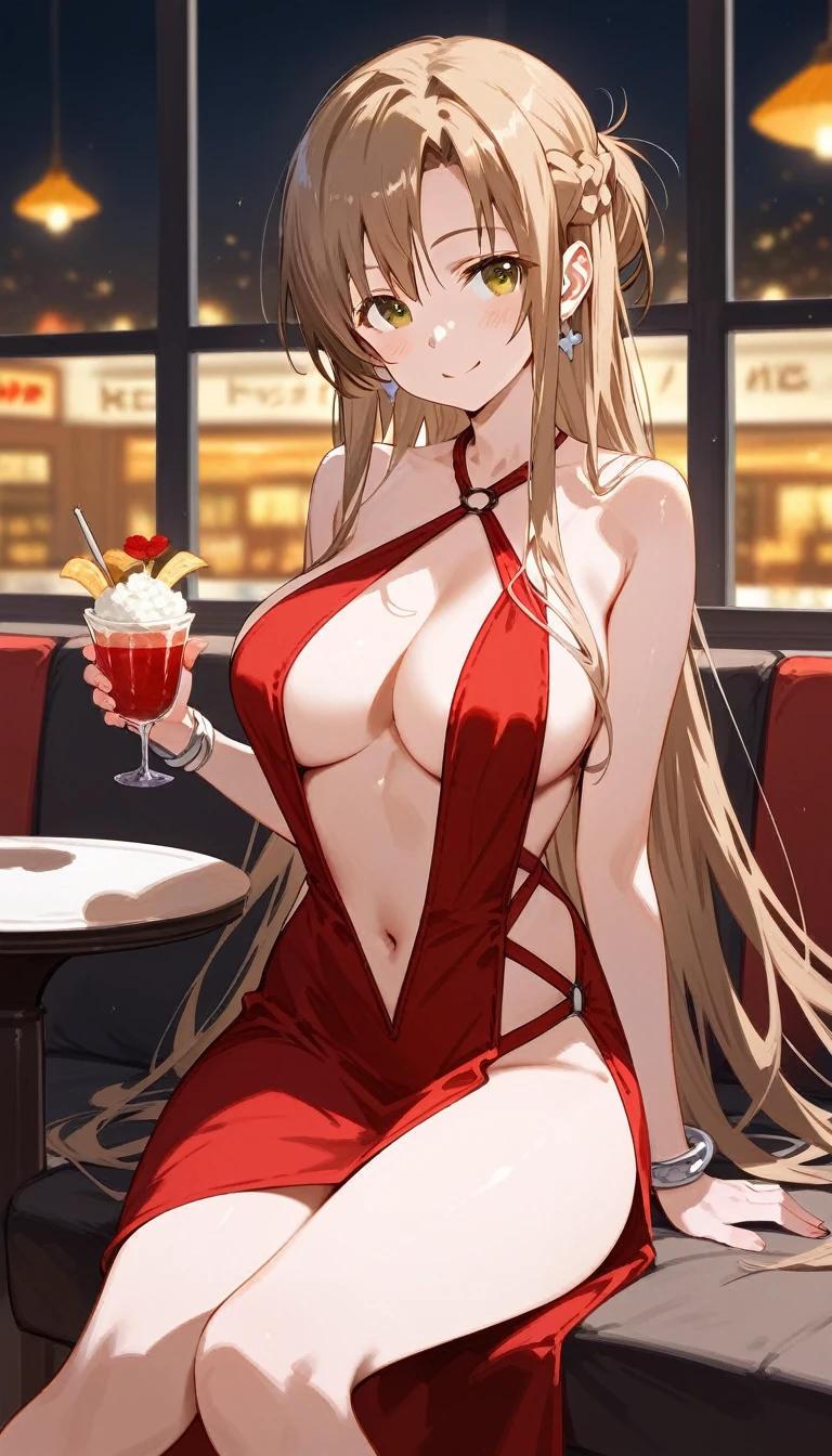 score_9,score_8_up,score_7_up,18 year old,1girl,asuna \(sao-alo\), sword art online,yuuki asuna,solo, brown eyes, brown hair, long hair, bangs, braid,sitting, holding cup,seductive-smile,blush,large breasts,brown hair,parted hair,long hair,red dress,halter dress,plunging neckline,center opening,cleavage,navel,earrings,bracelet,restaurant,
