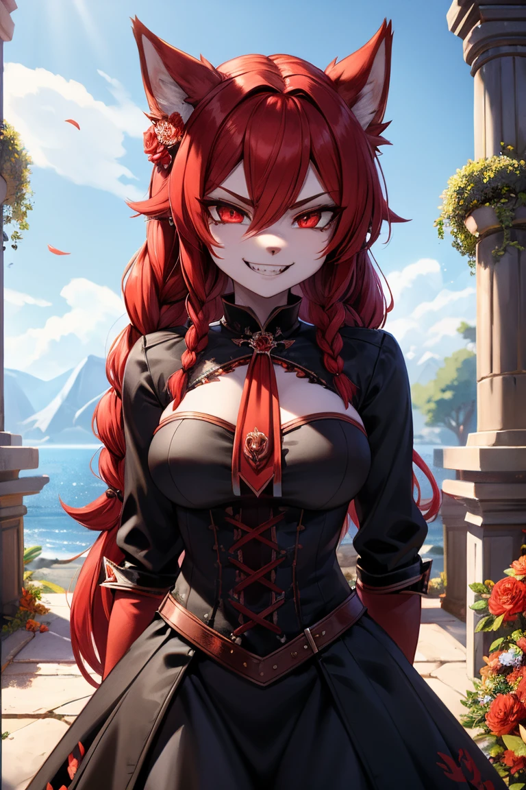 [Best quality, shaded, extreme detail, very detailed, ultra detailed, complex, realistic], Anthropomorphic female character with wolf-woman body, red fur with red hair with red tail, straight hair styled in a braid, a flower motif brooch placed on the hair, red almond-shaped eyes, intimidating smile, sinister look, demonic clothing