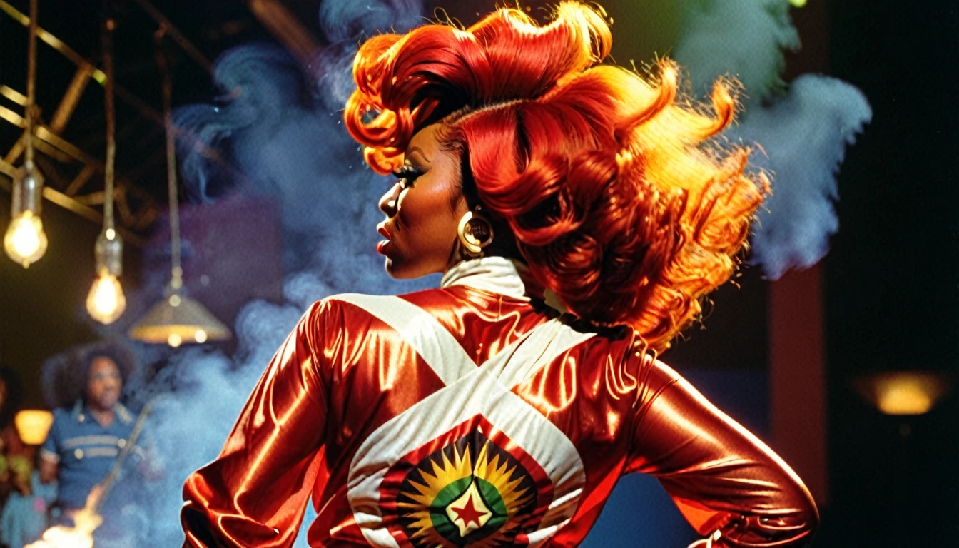 1970s photo of African-American female rapper "Sexyy Red" wearing 1970s attire, she has fire red hair, from behind, wide shot,