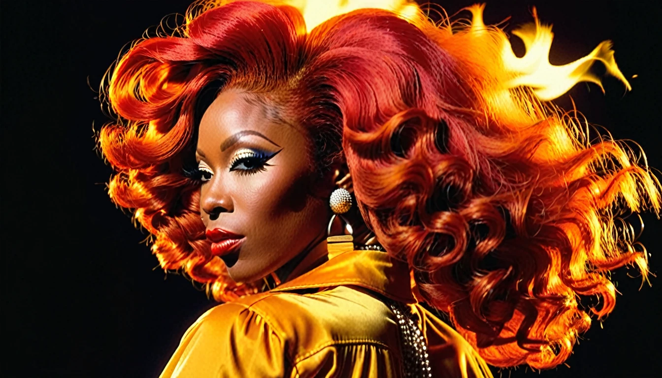 1970s photo of African-American female rapper "Sexyy Red" wearing 1970s attire, she has fire red hair, from behind, wide shot,