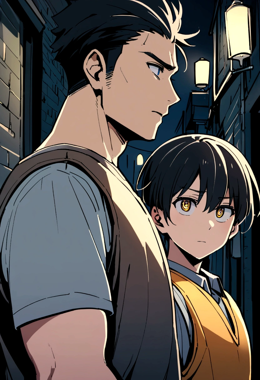 a 30 year old man in a gray t-shirt, tall, stocky body, intimidating eyes, black hair, like a Mavia and a 20 year old young man wearing a courier vest, looking at each other with emotion.  alley background at night