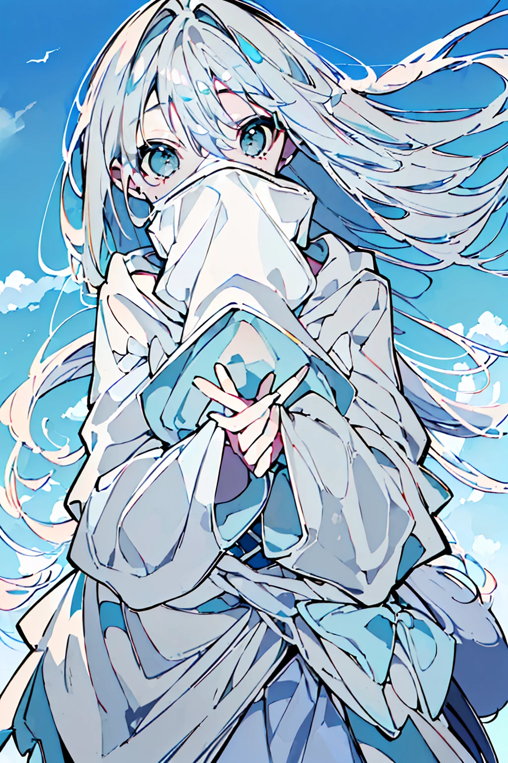 masterpiece,Highest quality,Super detailed, (((Pastel sky blue and white mullet)))) , ((((A woman covering her mouth with both hands))), upright, From the waist up, Cute and adorable high school student, hoodie,Off the shoulder:1.2, Mostima, Arknights, smile, Penguin Logistics, Light art, Soft Art, A fleeting and fantastical feeling