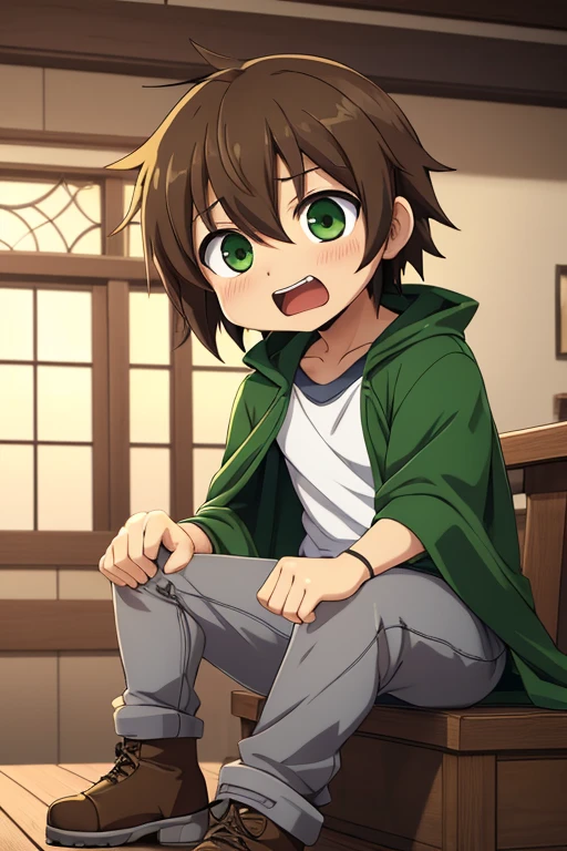 (masterpiece, high quality, lifelike, Ultra Detailed, Remarkably high quality, Anime chibi style:1.5) 1 boy, 18 years old, Name Kazuma Satou from KonoSuba: God's Blessing on This Wonderful World!, Kazuma Satou is dressed in a green and black tracksuit and later on adorns a green cape with a golden stripe around the edges, a gray shirt with a white tunic, gray pants, dark brown boots with his natural attributes adorning brown hair and green eyes. Kazuma is screaming "GYAAAHHHHHH!!!" from a nightmare, Funny, sarcastic, Anime style.