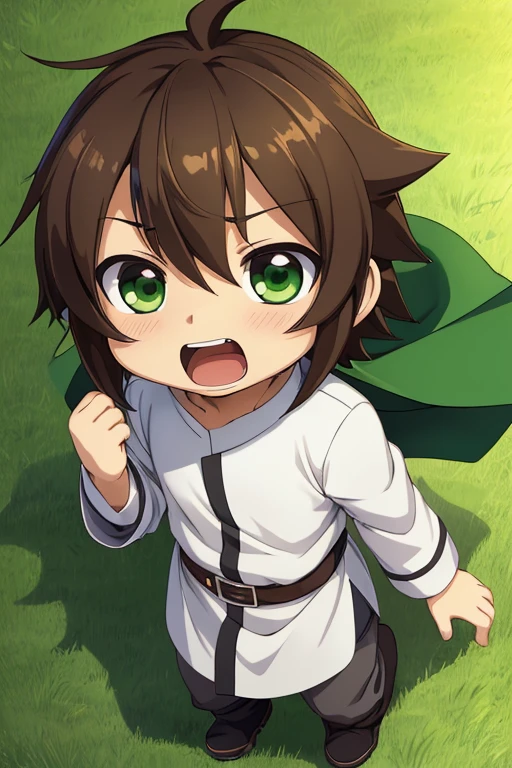 (masterpiece, high quality, lifelike, Ultra Detailed, Remarkably high quality, Anime chibi style:1.5) 1 boy, 18 years old, Name Kazuma Satou from KonoSuba: God's Blessing on This Wonderful World!, Kazuma Satou is dressed in a green and black tracksuit and later on adorns a green cape with a golden stripe around the edges, a gray shirt with a white tunic, gray pants, dark brown boots with his natural attributes adorning brown hair and green eyes. Kazuma is screaming "GYAAAHHHHHH!!!" from a nightmare, Funny, sarcastic, Anime style.